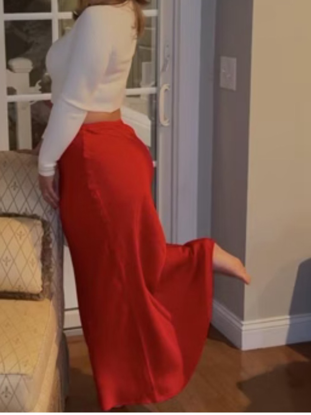 a new day Red Satin A-Line Midi Skirt